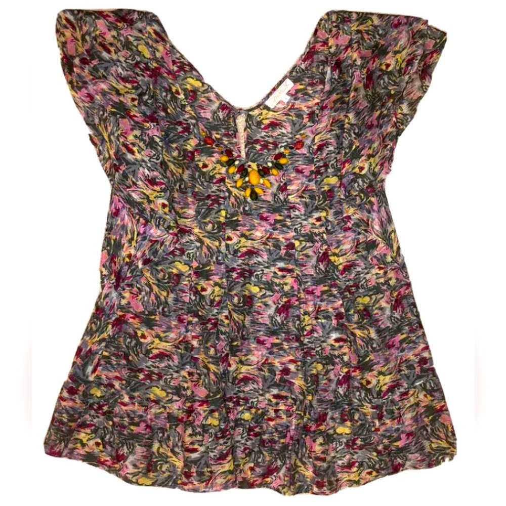 LaRok Multicolor Beaded Silk/Cotton V-Neck Top New Without Tags